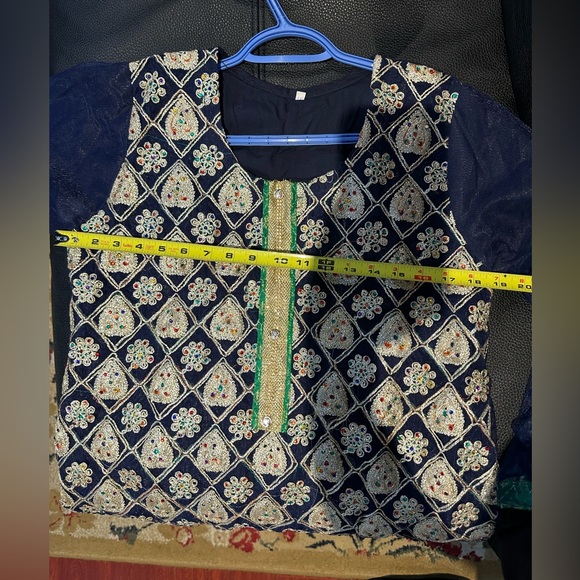 3 peice pakistani suit shaalwar kameez green and blue - Picture 4 of 7